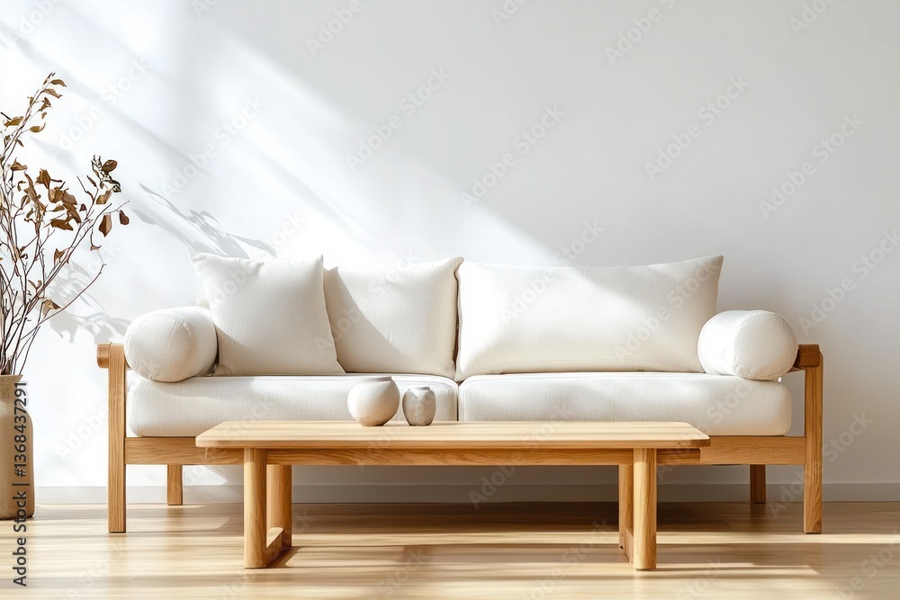Poster serene interior view of a comfortable sofa and wooden table with decorative objects in a minimalist 