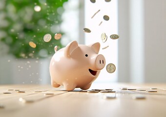A pink ceramic piggy bank with golden coins falling around, symbolizing financial savings, wealth, and smart money management.
