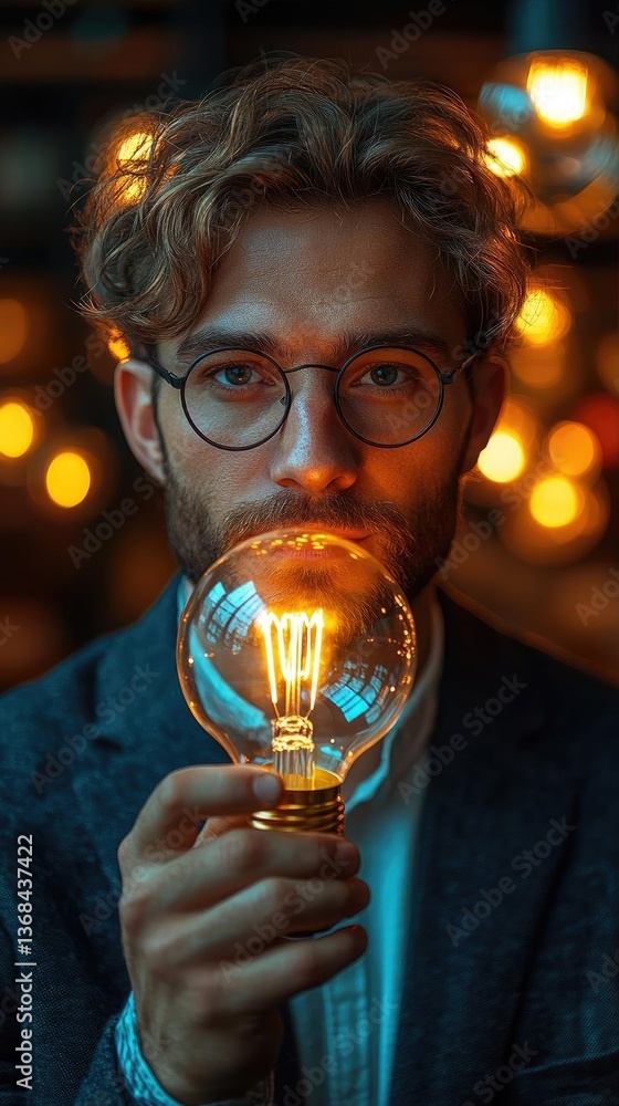 Poster man holding glowing light bulb in a cozy, illuminated setting with warm bokeh background