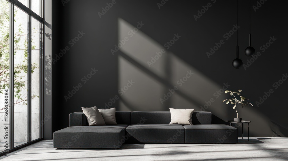 Poster tranquil charcoal interior with plush modular sofa sunlight casting geometrical patterns from window