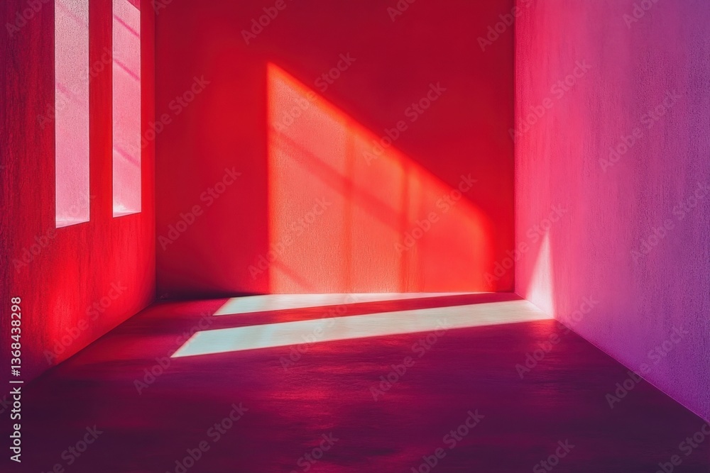 Poster bright red interior with colorful light patterns and shadows during daytime hours