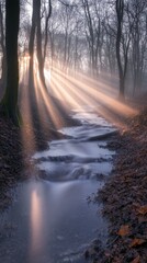 Obraz premium Mystical Fog and Light, Sunshine filtering through trees