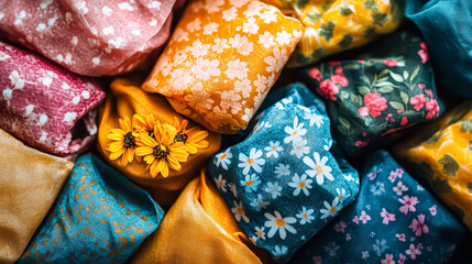 Bunch of colorful fabric with flowers on them. The flowers are yellow and white. The fabric is arranged in a way that makes it look like a bouquet of flowers