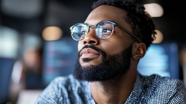Thoughtful man with glasses and beard deep in thought while working on computer in a modern office environment