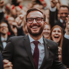 professional shot of politician smiling in front of supporters


