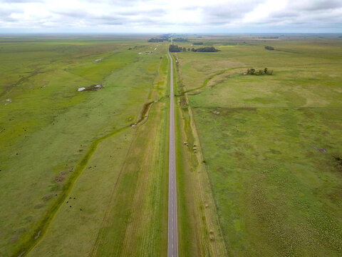 Drone over Ruta 11 in Buenos Aires, Argentina. Llanura pampeana, campo de la provincia de Buenos Aires.