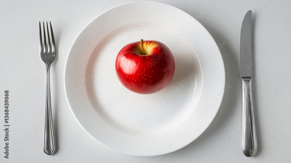 Aufkleber fresh red apple placed on a white plate with fork and knife arranged neatly on a table setting