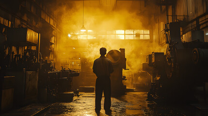 Worker in a dimly lit industrial workshop surrounded by machinery and smoke
