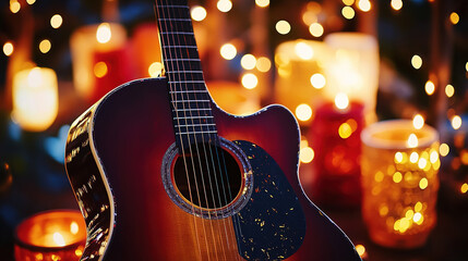 Obraz premium Acoustic guitar in focus with colorful lanterns blurred, evoking warmth and artistic serenity.