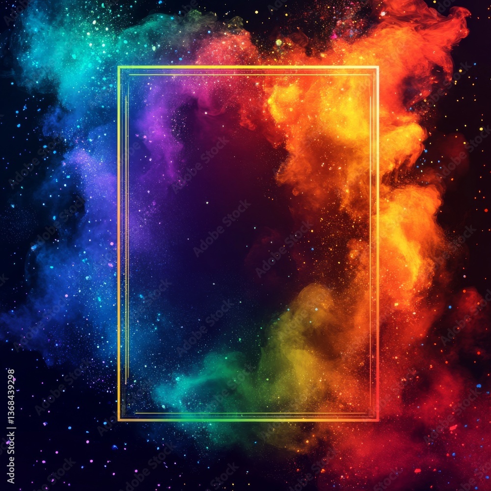 Poster colorful cosmic frame: a vibrant explosion of dust and light creates a stunning celestial border aro