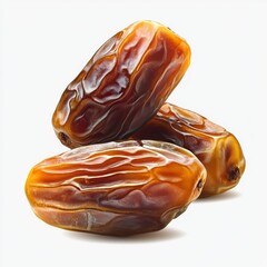 Close-up of stacked dates on white background showcasing their glossy texture and rich, caramel-like coloring.