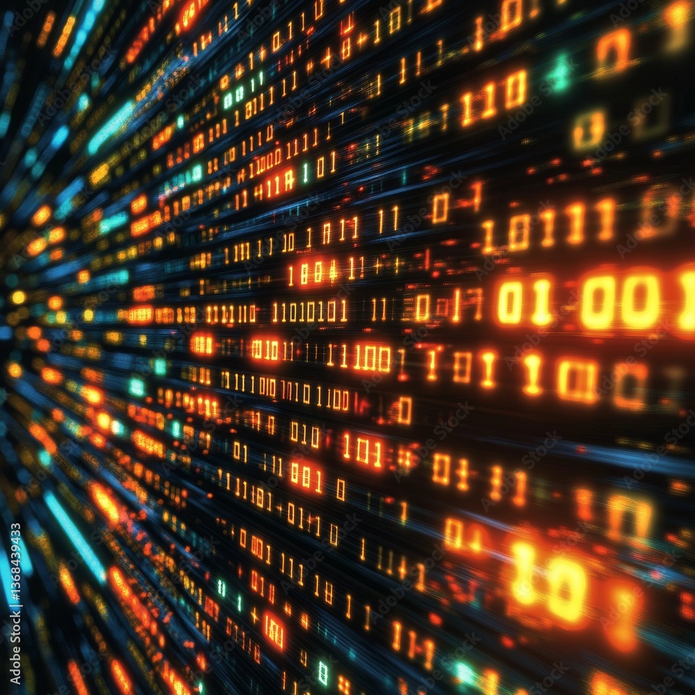 Poster Data Stream Visualization: Binary Code Flowing Through a Digital Landscape