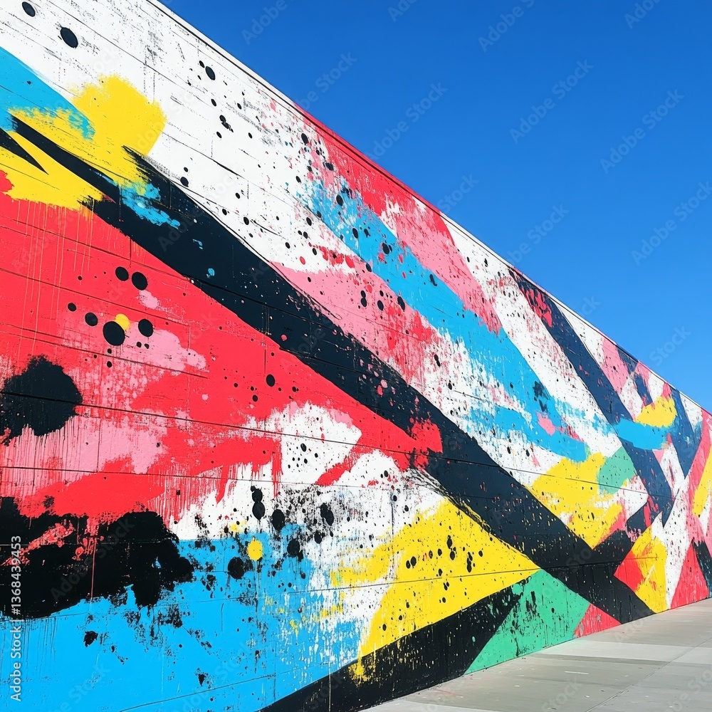 Poster dynamic urban art: a vivid display of colorful paint splashes against a clear blue sky backdrop