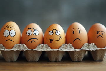 Eggs with faces drawn on them, arranged in a playful group. Each egg features a unique expression, adding personality to the ordinary breakfast staple.