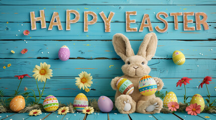 A rabbit holding an Easter egg in front of a fence with flowers