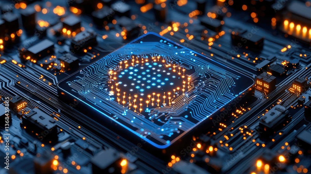 Poster detailed close-up of a futuristic circuit board with glowing elements representing advanced technolo