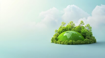 Dreamlike green planet oasis, surreal landscape of trees and clouds green