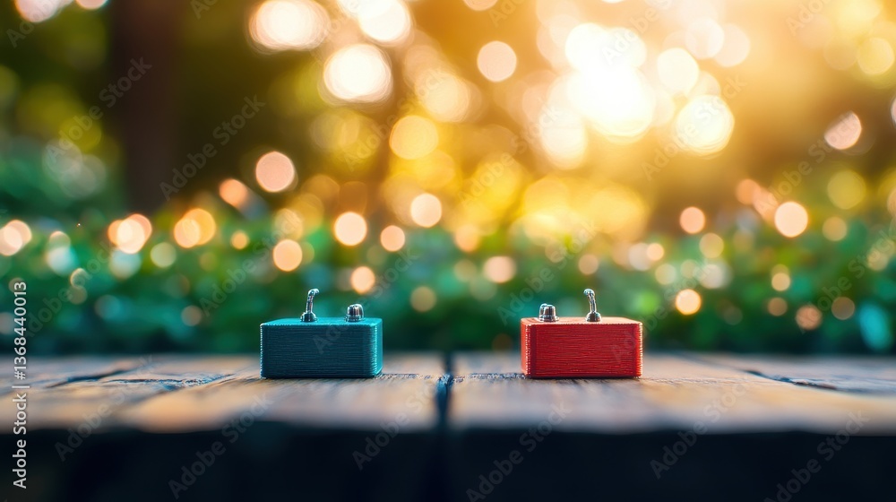 Poster two miniature colorful rectangular objects sitting on a weathered wooden surface with warm-toned bok
