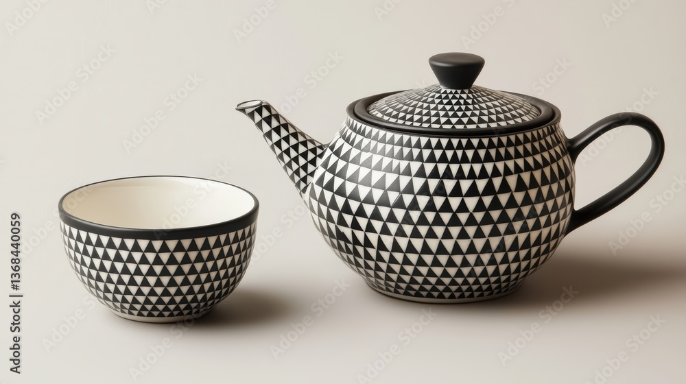 Poster elegant teapot and cup with a triangular monochrome pattern creating visual interest and a calming a