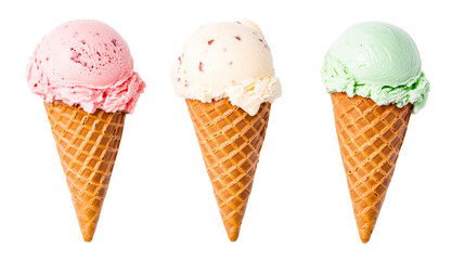 Three ice cream cones of different flavors, cut out transparent
