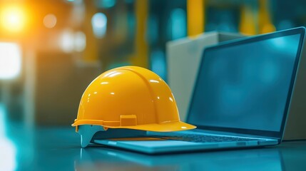 Laptop and hard hat on table, blending technology construction expertise