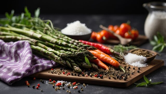 A dark, textured surface features a variety of fresh ingredients arranged artfully.