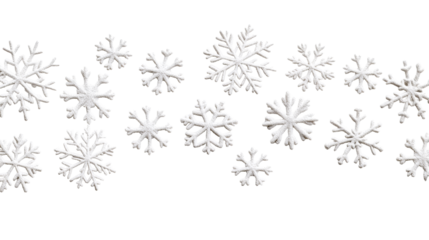 Row of white snowflake shapes on black background, cut out transparent
