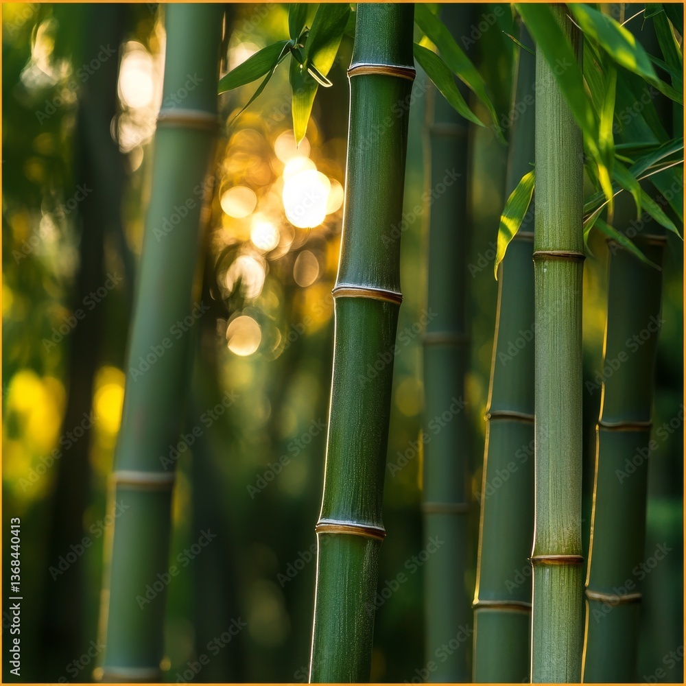 Poster golden hour in the bamboo forest: lush green stalks bathed in warm light, creating a serene and tran