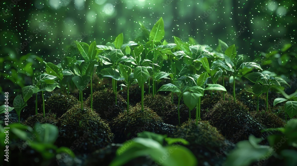 Poster lush green plants growing in vibrant forest background with soft bokeh effect and gentle light rays 