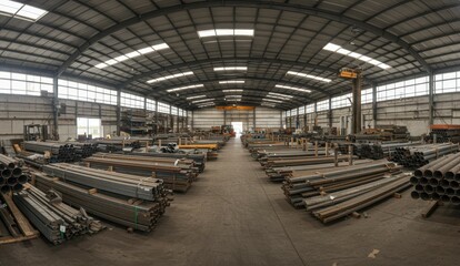 Industrial warehouse filled with metal pipes and construction supplies. Highlights manufacturing and logistics themes.