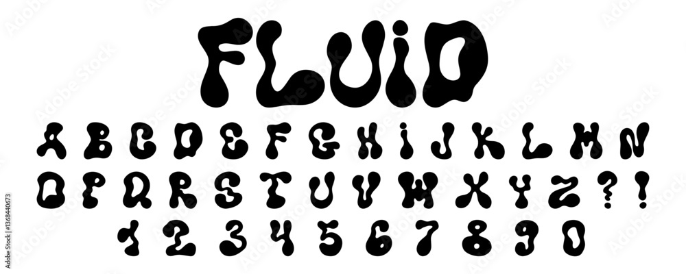 Poster fluid monochrome wavy alphabet and numbers in a unique artistic design showcasing letters and symbol