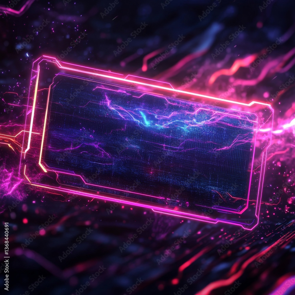 Poster neon tech gateway: a portal to digital dimensions with abstract shapes and vibrant energy
