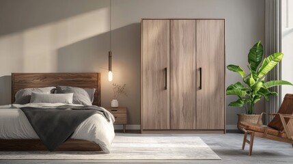 Serene bedroom retreat featuring wooden bed frame wardrobe and modern chair in a calming ambient light