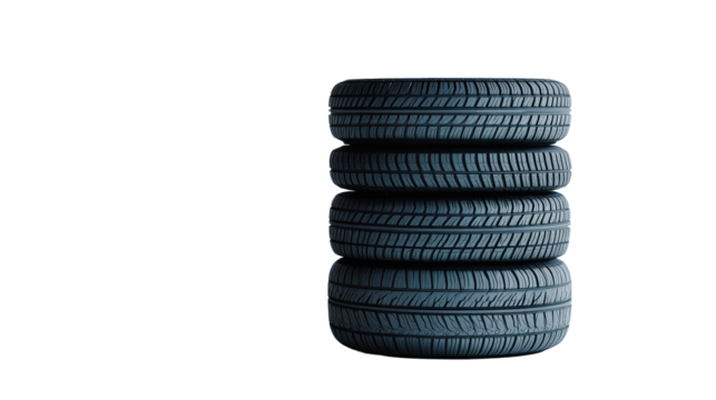 Stack of four new tires, vehicle maintenance component , cut out transparent