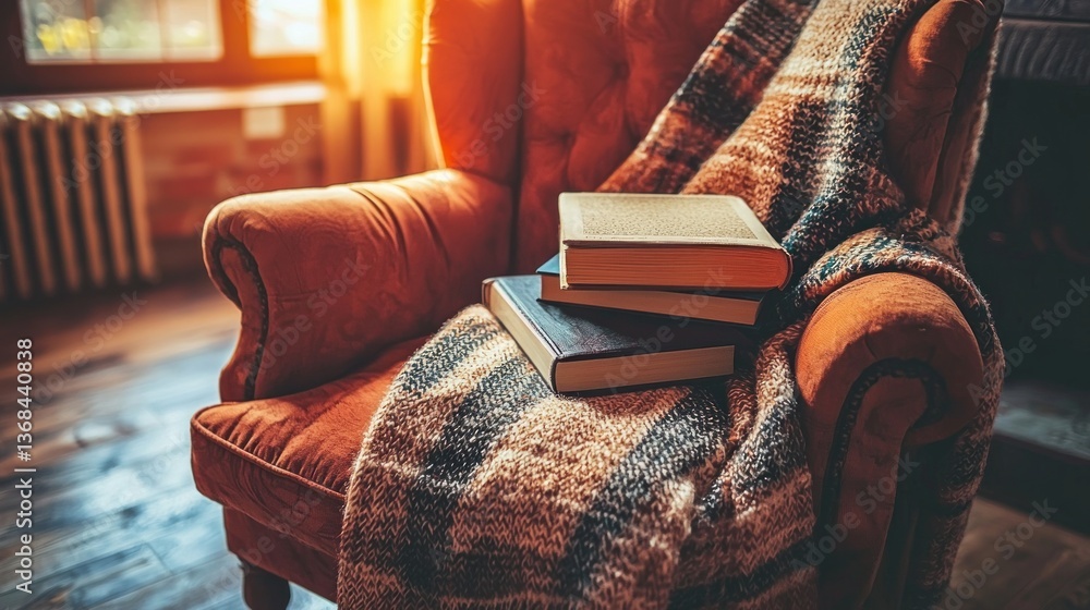 Poster cozy armchair scene illuminated by warm light with books and a blanket perfect for relaxation and re
