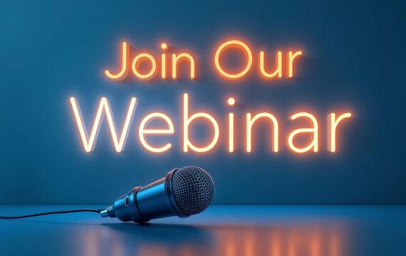Retro microphone and neon sign with "Join Our Webinar" text, modern and professional
