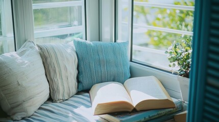 Fototapeta premium Serene reading nook by window with soft pillows book stack indoor plant inviting ambiance relaxing scene