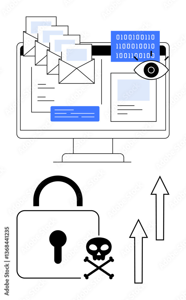 Poster computer monitor featuring emails, binary code, lock, skull, and arrows. ideal for security, hacking