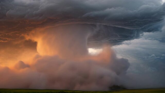 A powerful tornado swirls under dark storm clouds over a green field at sunset, with orange hues reflecting on the funnel. The dramatic sky contrasts with the calm landscape below.