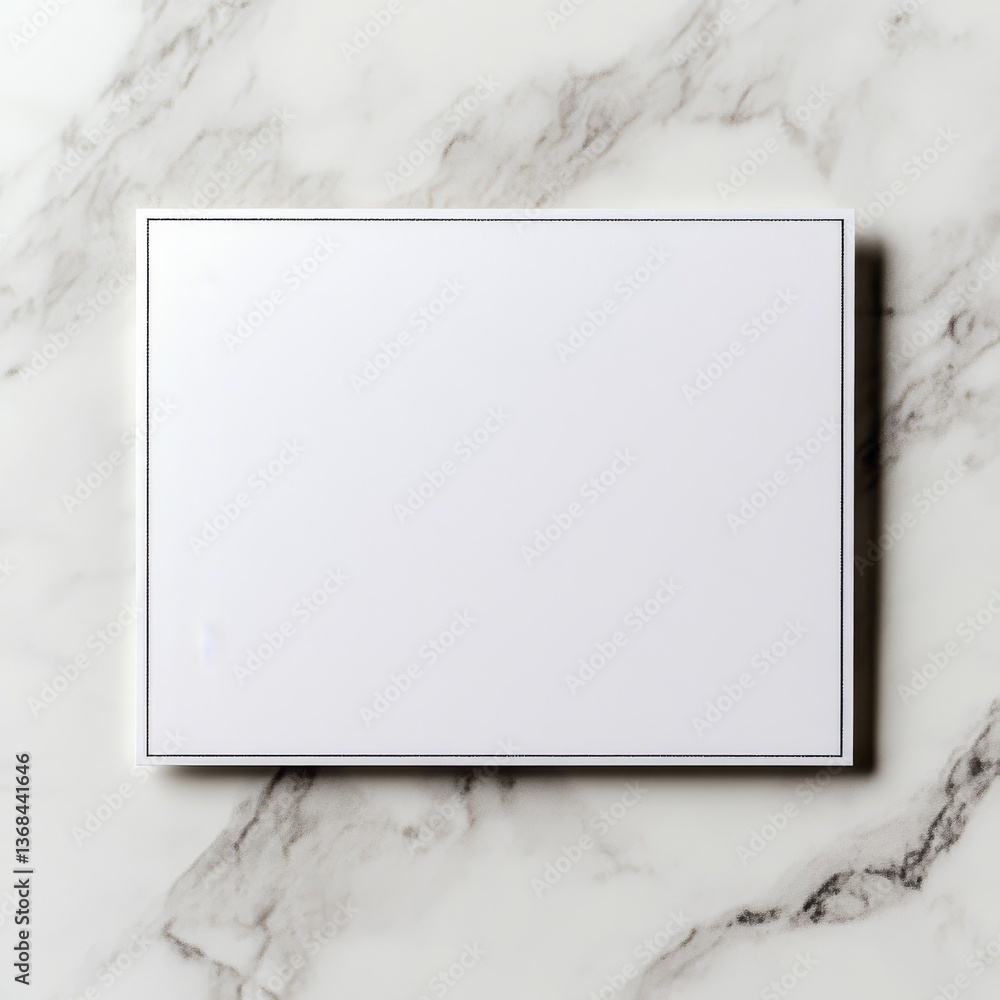 Poster white card with black border on light marble background - minimalist presentation mockup for graphic