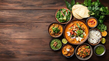 Diverse food dishes rustic wooden background