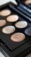 Metallic eyeshadow palette with modern reflective surface, elegant color choices, high detail, white background