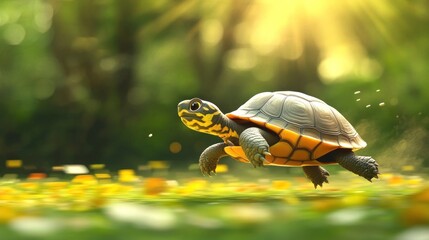 A small turtle running through a sunny, flowery meadow.