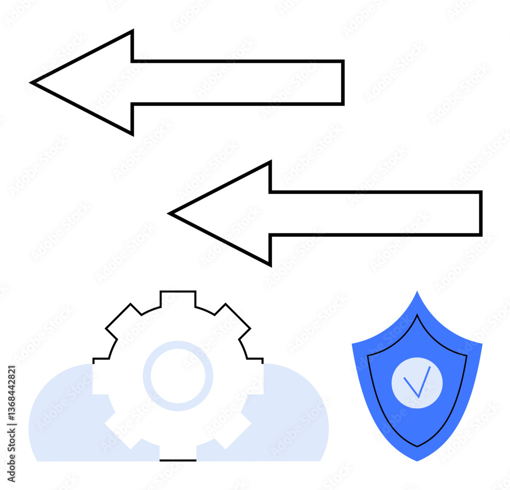 Poster two directional arrows indicate data transfer above a cloud-linked gear icon and a shield with a che