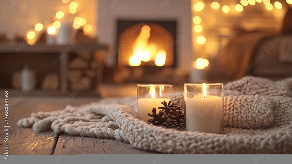Aufkleber Cozy fireplace setting with candles pine cones and knitted throw creating a warm relaxing and inviting atmosphere