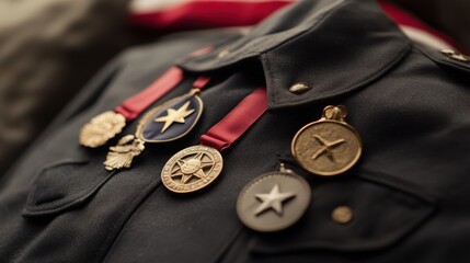 A military uniform displaying several assorted medals on its chest area