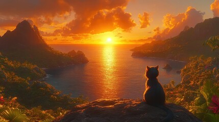 Cat sunset tropical island ocean view postcard