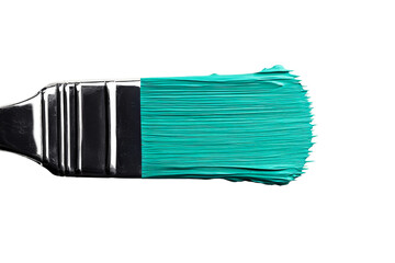 Paintbrush loaded with turquoise paint on black, cut out transparent