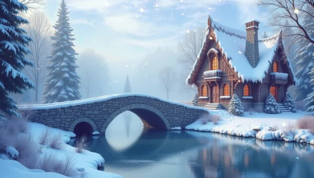 "A serene winter scene featuring a quaint house by a frozen river, with a snow-covered stone bridge and pine trees, creating a magical, peaceful atmospher