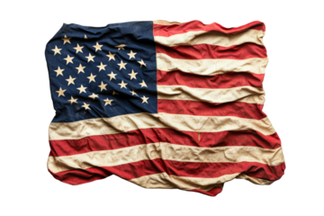 Distressed American flag, vintage patriotic symbol, faded stars and stripes, cut out transparent